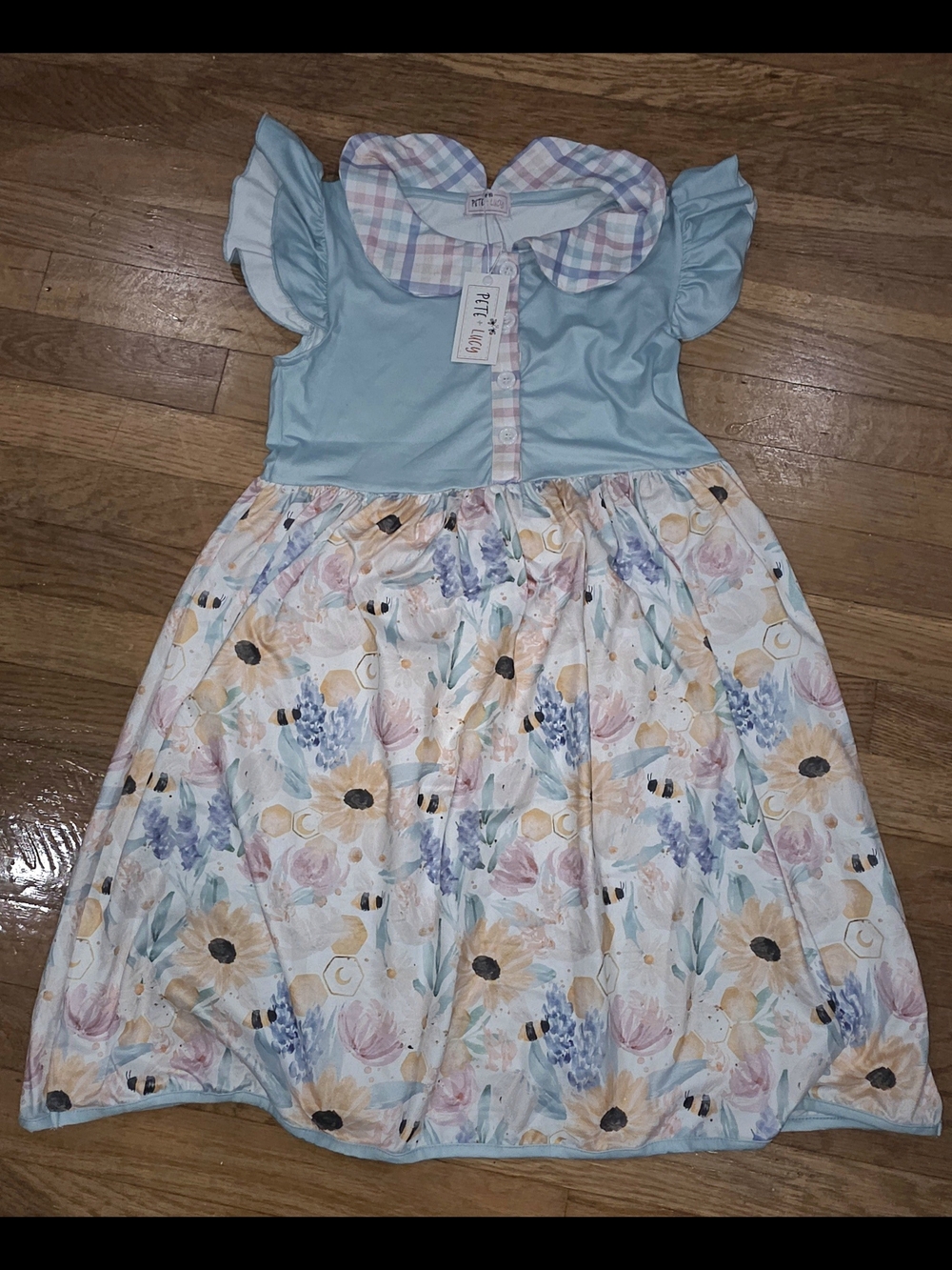 Pete & Lucy Pastel Blue Bodice Floral Print Girls' Dress with Peter Pan Collar